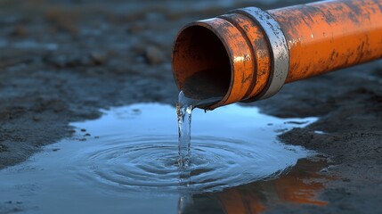 A close-up shot of a rusty orange pipe pouring water into a puddle, symbolizing resource depletion, environmental impact, water scarcity, and the cycle of nature.