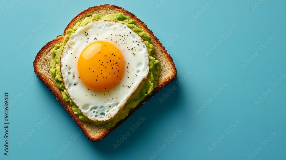 Poster a close-up shot of a single slice of toasted bread topped with creamy avocado and a perfectly fried 