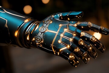 A prosthetic arm in a fantasy setting, adorned with magical symbols and glowing energy