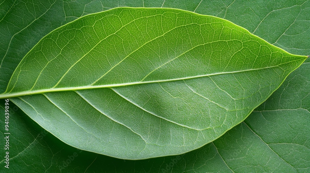 Poster a close-up shot of a single green leaf, showcasing intricate vein patterns. the image symbolizes gro