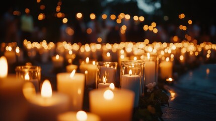 A Sea of Flickering Hope: Hundreds of candles illuminate the night, held by a blurred crowd in the background, creating a poignant atmosphere of remembrance and solidarity. 