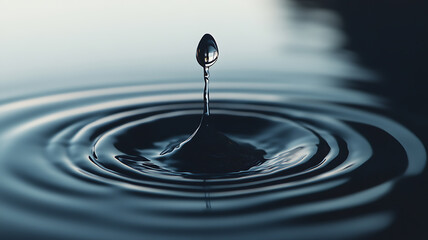 A single water droplet falling into a perfectly still pond, with hyperrealistic focus on the ripples and reflections, against a clean, simple backdrop that emphasizes the detail.