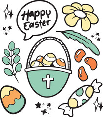 Happy Easter Doodle Set, Cute Hand Drawn Collection. Adorable hand-drawn Easter doodle set with bunnies, eggs, and spring flowers. Ideal for creating charming holiday designs, cards, and decorations.