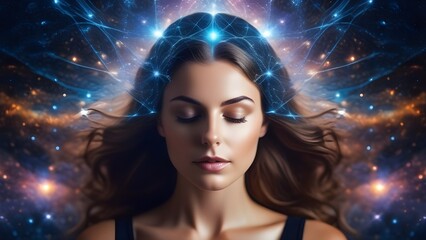 A girl in a named state of meditation, astral travel, lucid dream. Alpha, theta waves.
