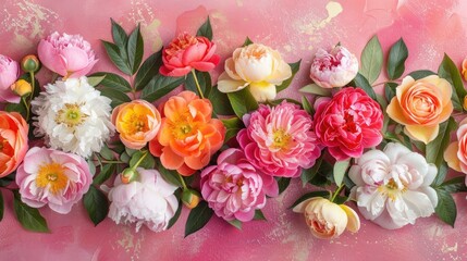Pink peonies roses on white background with copy space abstract natural floral frame layout with text space romantic feminine composition wedding invitation concept.