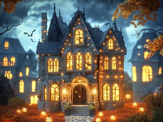 Enchanting Halloween Haunted Mansion Claymation Card with Playful Anime Features