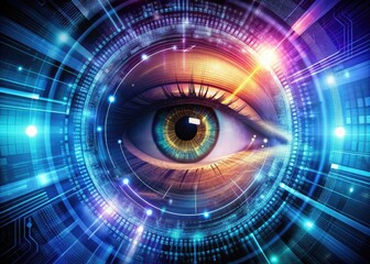 Digital Eye Code: Abstract eye composed of digital codes or symbols, representing the intersection of technology and human consciousness.