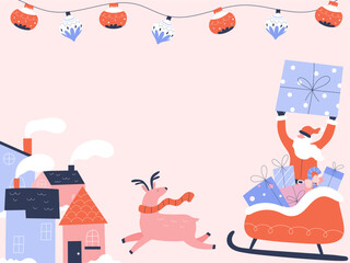 Santa Claus with gifts and reindeer in a festive village scene. Christmas holiday background illustration.