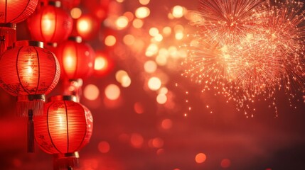 A red background with a bunch of red lanterns and fireworks