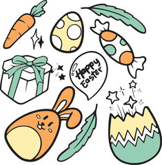 Happy Easter Doodle Set, Cute Hand Drawn Collection. Adorable hand-drawn Easter doodle set with bunnies, eggs, and spring flowers. Ideal for creating charming holiday designs, cards, and decorations.