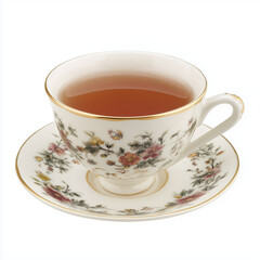 Teacup and Saucer with Black Tea on a White Background