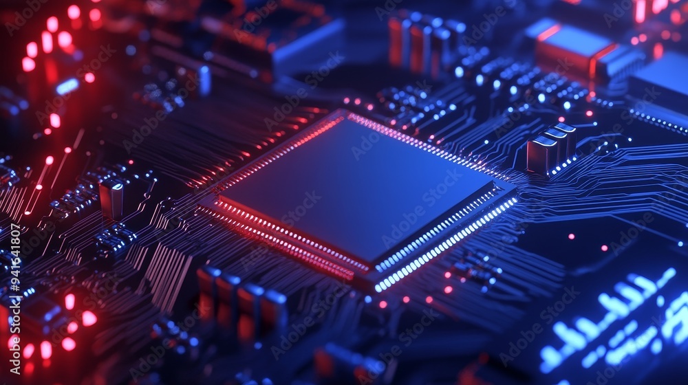 Poster a close-up view of a computer chip on a circuit board, illuminated in red and blue. this image symbo