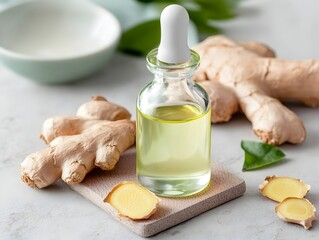 Botanical Design of Aromatic Ginger Root Extract Serum with Rich Earthy Tones and Natural Ingredients for Skincare