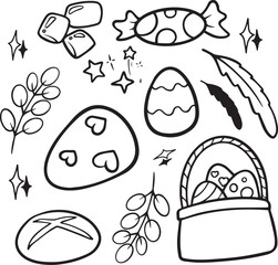Naklejka premium Happy Easter Doodle Set, Cute Hand Drawn Collection. Adorable hand-drawn Easter doodle set with bunnies, eggs, and spring flowers. Ideal for creating charming holiday designs, cards, and decorations.