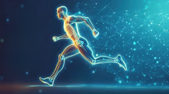 Digital illustration of a running man's skeleton with blue glowing digital connections and networks