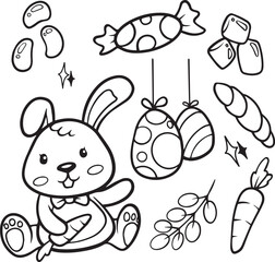 Happy Easter Doodle Set, Cute Hand Drawn Collection. Adorable hand-drawn Easter doodle set with bunnies, eggs, and spring flowers. Ideal for creating charming holiday designs, cards, and decorations.