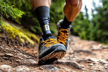 A prosthetic leg in a natural outdoor setting, with the user hiking a rugged trail, emphasizing durability and adventure