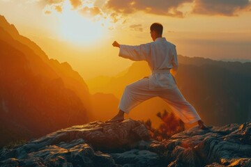 Obraz premium Man practices martial arts on top of a mountain, with scenic view in the background