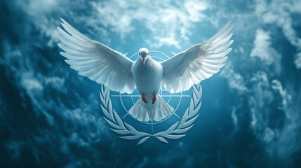 Dove of peace against the background of the UN logo. United Nations Day. White dove with a laurel leaf.