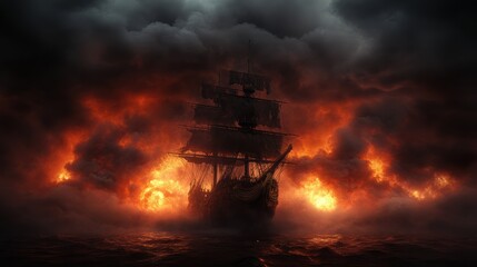 A burning pirate ship drifts through thick, dark storm clouds, evoking a scene of haunting and...