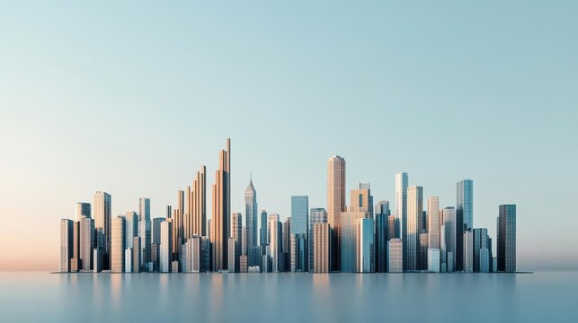 A city skyline where the buildings are shaped like bar graphs, with some bars soaring high and others deflating, representing the volatility in real estate values