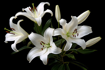 Fototapeta premium Elegant White Lilies in Full Bloom with Dark Green Leaves Against a Dramatic Black Background