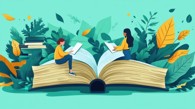 Two women reading atop giant book with abstract leaves and books around them, vibrant background.