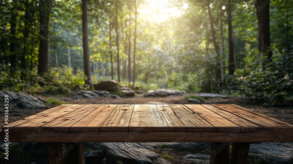 Poster A wooden table in a forest with a view of the trees and rocks