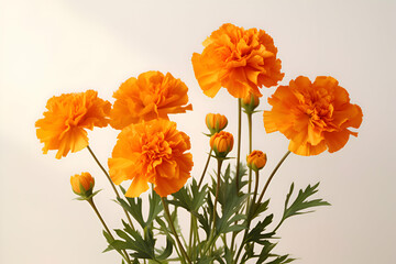 "Vibrant Marigold Blooms with Lush Green Foliage on a Bright White Background" 