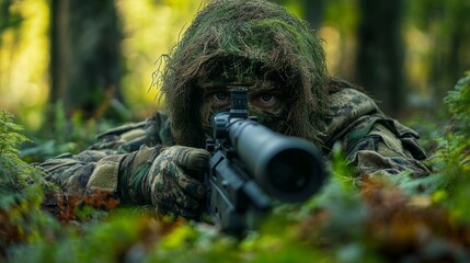 A man in camouflage gear is holding a rifle and looking at the camera