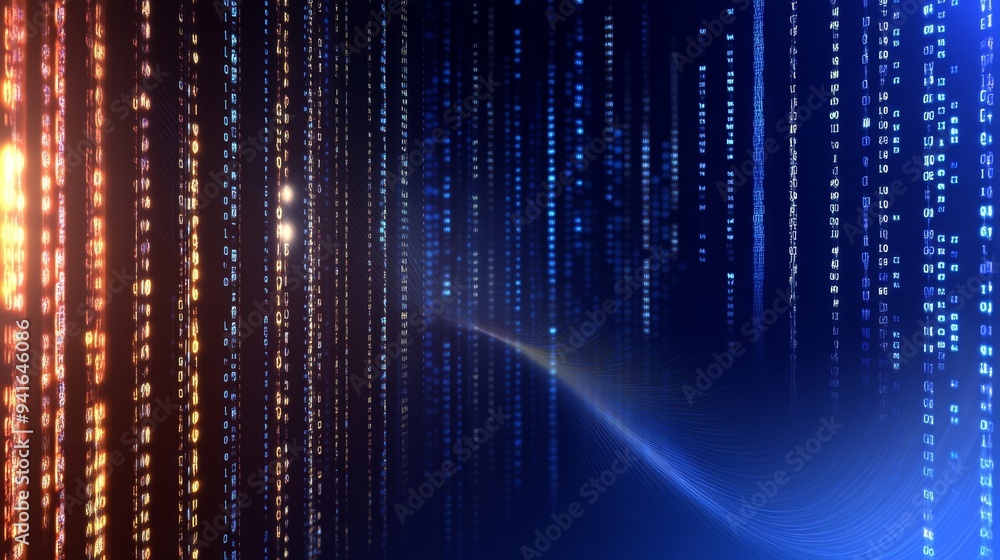 Poster a digital abstract background featuring a scroll of code in blue and orange hues on a gradient backg