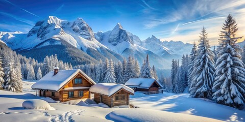 Dreamy Alpine Getaway: Snowy peaks, blue skies, cozy cabins, winter wonderland, cold tones, crisp details, panoramic views