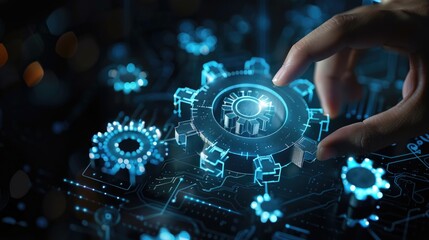 Obraz premium a person is touching a gear wheel on a computer screen