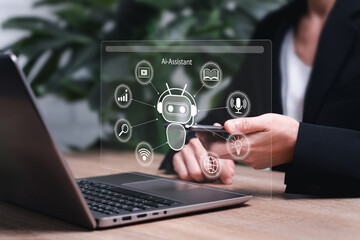 AI assistants, artificial intelligence for business concepts, Businesswomen use smartphone and...