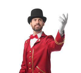 Portrait of showman in red costume and hat on white background