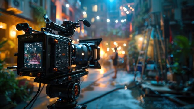 Digital video camera captures movie scene on set with filmmakers working in background, Showing behind the scenes action of film at night