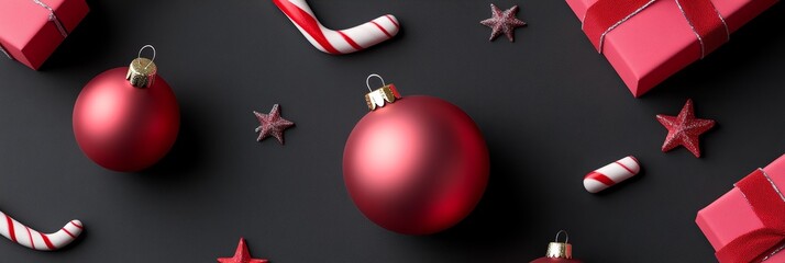 Obraz premium A festive Christmas design featuring red ornaments, candy canes, and stars on a black background. The image symbolizes joy, celebration, tradition, and the magic of the holiday season.