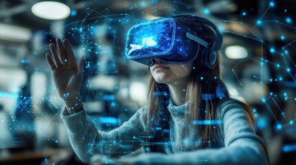 Girl wearing virtual reality headset experiencing futuristic digital network indoors. concept of immersive technology exploration.
