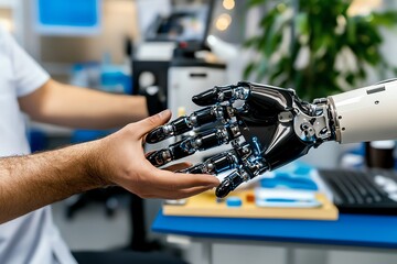 A prosthetic user in a rehabilitation center, showing the process of adapting to a new limb with the support of a therapist
