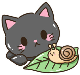 Hand drawn kawaii illustration for kids greeting card invitations black cat looking at a snail 