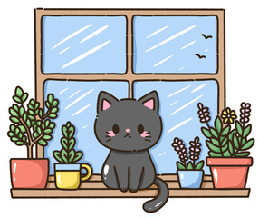 Hand drawn kawaii illustration for kids greeting card invitations black cat sitting with house plants on the windowsill 
