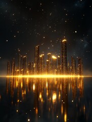 Fototapeta premium A futuristic cityscape bathed in golden light, with skyscrapers reflecting in a calm body of water. The cityscape symbolizes urban development, progress, ambition, and the power of technology.