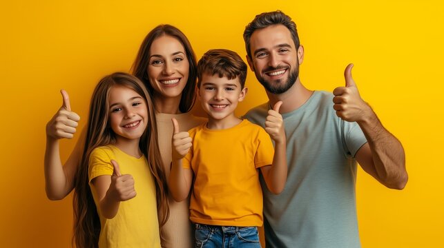 Cheerful family of four giving thumbs up against a vibrant yellow background during a sunny day