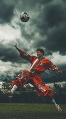 Naklejka premium Soccer player in traditional asian attire kicks soccer ball into the air against dramatic cloudy sky