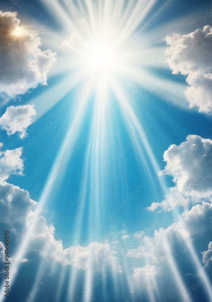 Wall mural blue sky background with tiny clouds and sun rays. copy space.