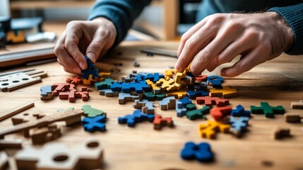 Fototapeta premium Creative Hands Assembling Art Toy Kit on Workspace