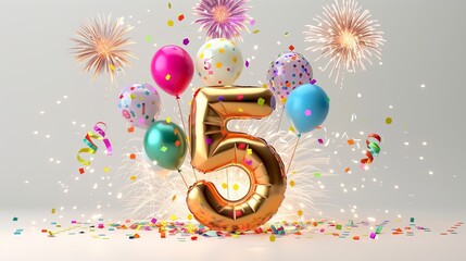 large gold balloon shaped like the number 5, surrounded by colorful balloons, confetti