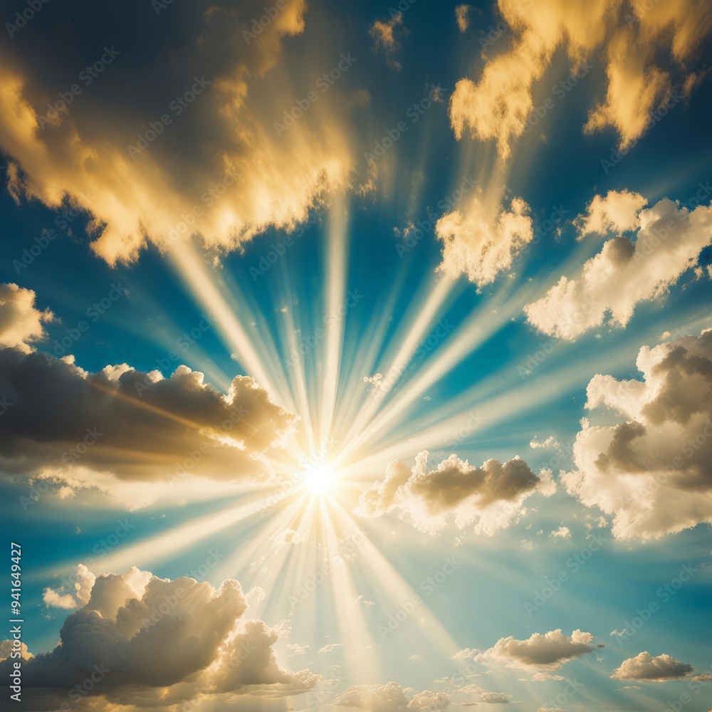 Wall mural blue sky background with tiny clouds and sun rays. copy space.