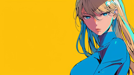anime girl with long hair and intense eyes, bright yellow background