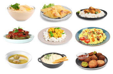 Hummus and other dishes of different national traditional cuisines on white background. Collection